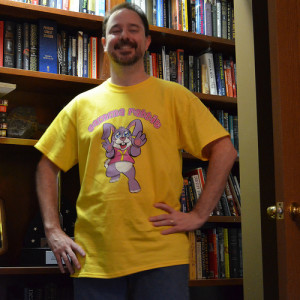 Scalzi demonstrates his feminist cred in his Gamma Rabbit shirt. (As opposed to an alpha male, presumably lupine.)