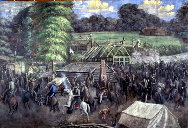 A painting of the Haun's Mill Massacre. Or, as Roithmayr describes it, the Haun's Mill Polite Conversation.