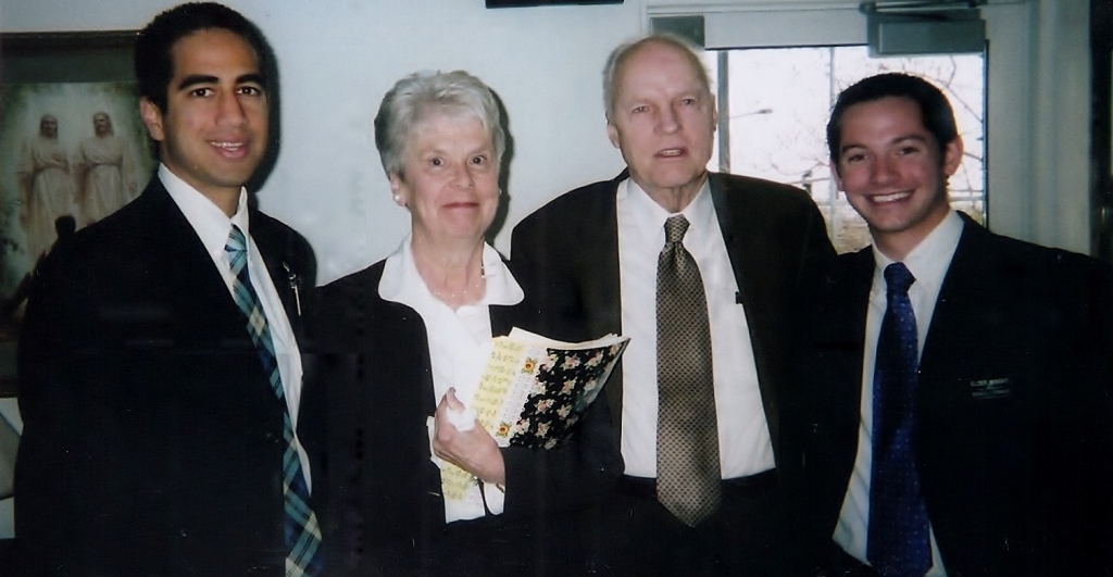 Left to right: Elder Velasco (an eventual groomsman), Ann Madsen, Truman Madsen, Me
