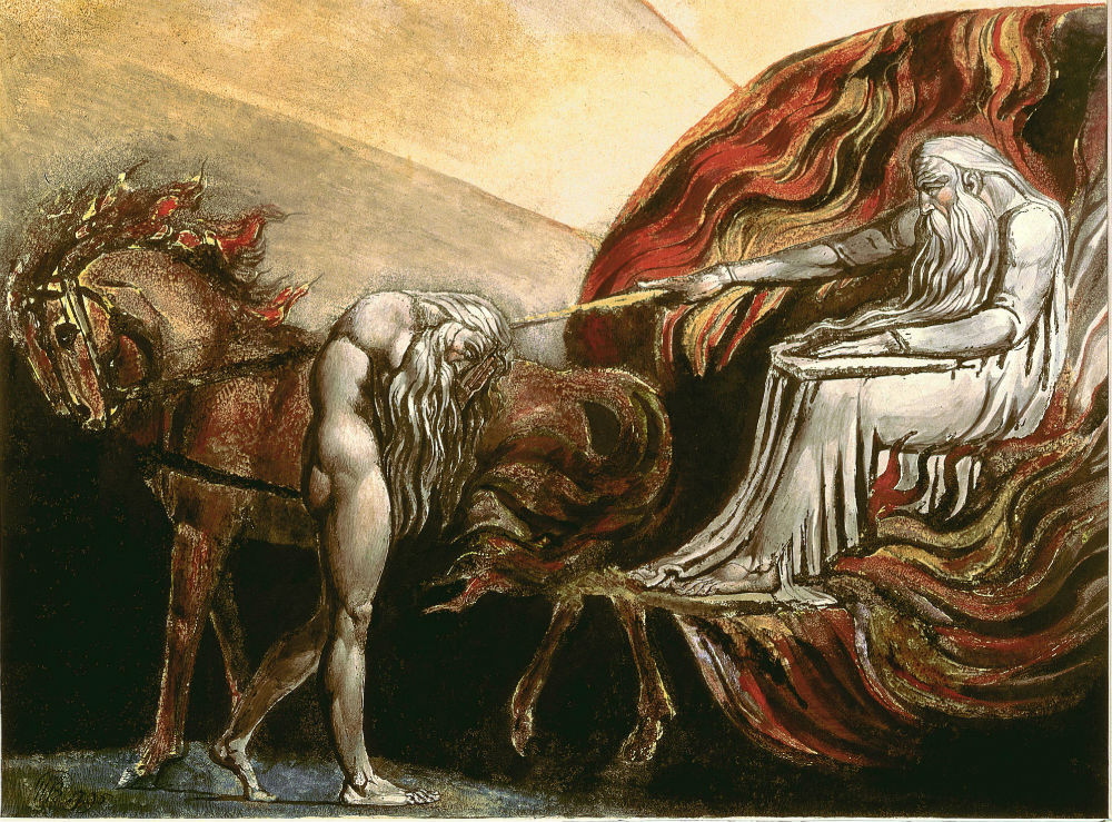 William Blake's color printing of God Judging Adam original composed in 1795. (Public Domain) This is *not* a view of the Fall as fortunate.