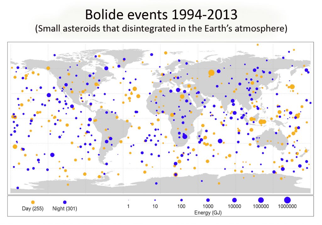 Map of 556 impacts on the Earth from 1993-2014.